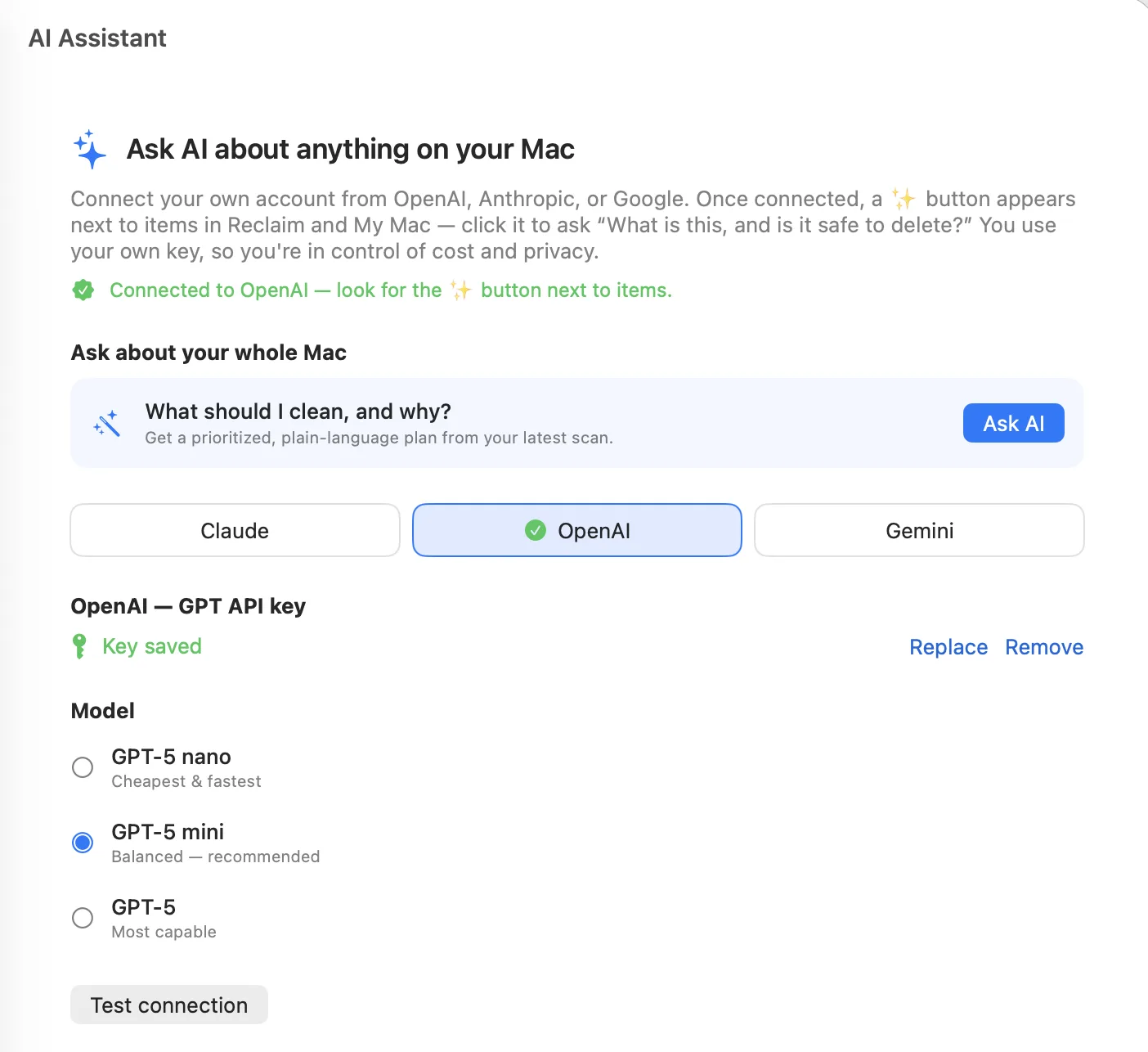 Reclaim's AI setup — connect your own OpenAI, Anthropic, or Google key and pick a model; the key stays in your macOS Keychain.