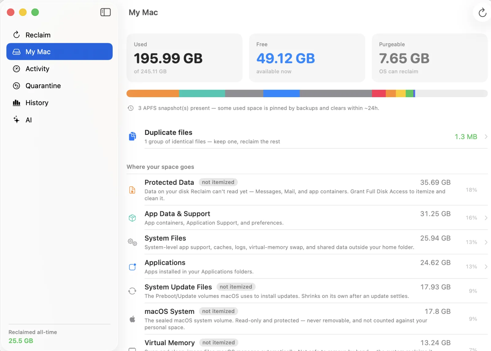 Reclaim's My Mac tab — a whole-disk breakdown by category with a capacity bar, reconciled exactly to the real used space.